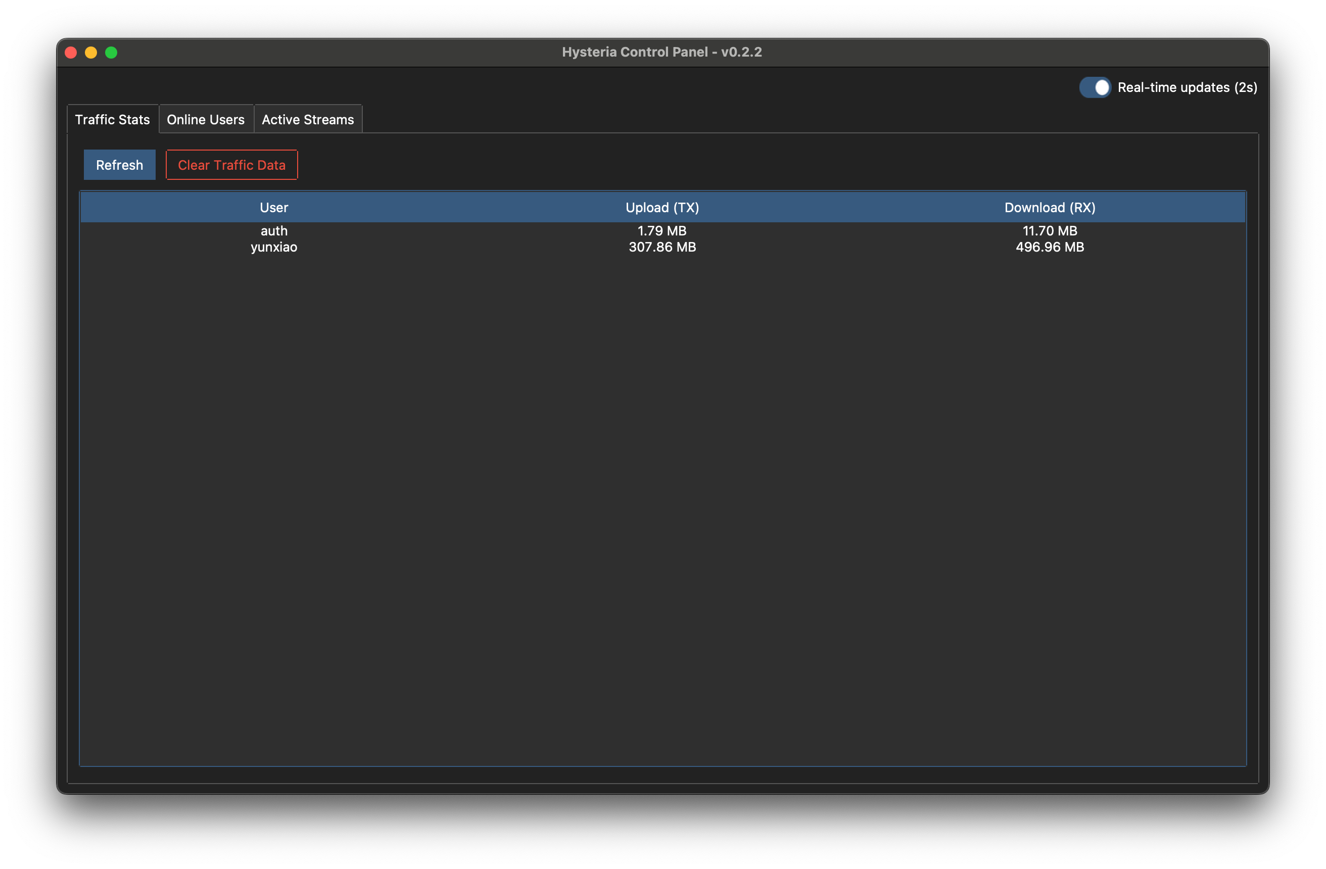 Hysteria Control Panel Screenshot